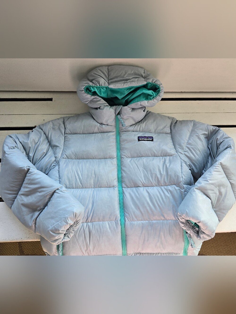 Patagonia Kids Light Ice Blue Puffer Jacket with Teal Accents